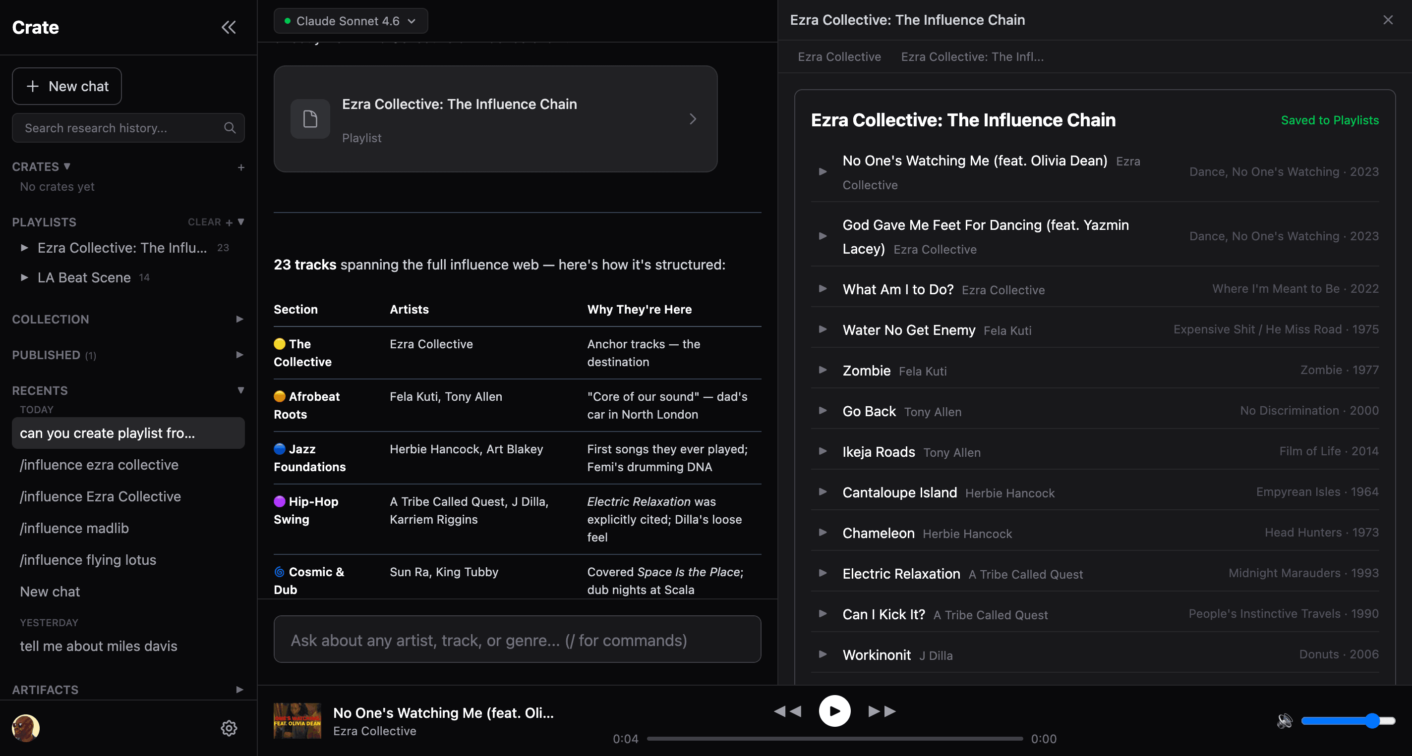 Crate app — Ezra Collective influence chain with playlist